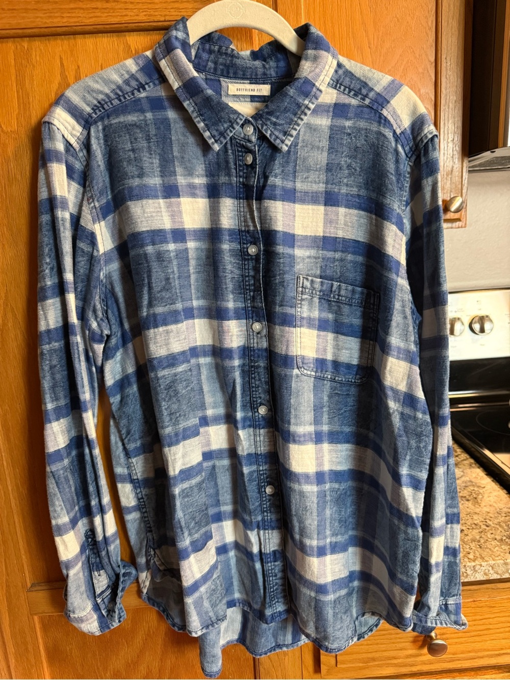 American Eagle Plaid Boyfriend Fit Button Up Shirt Blue White XL